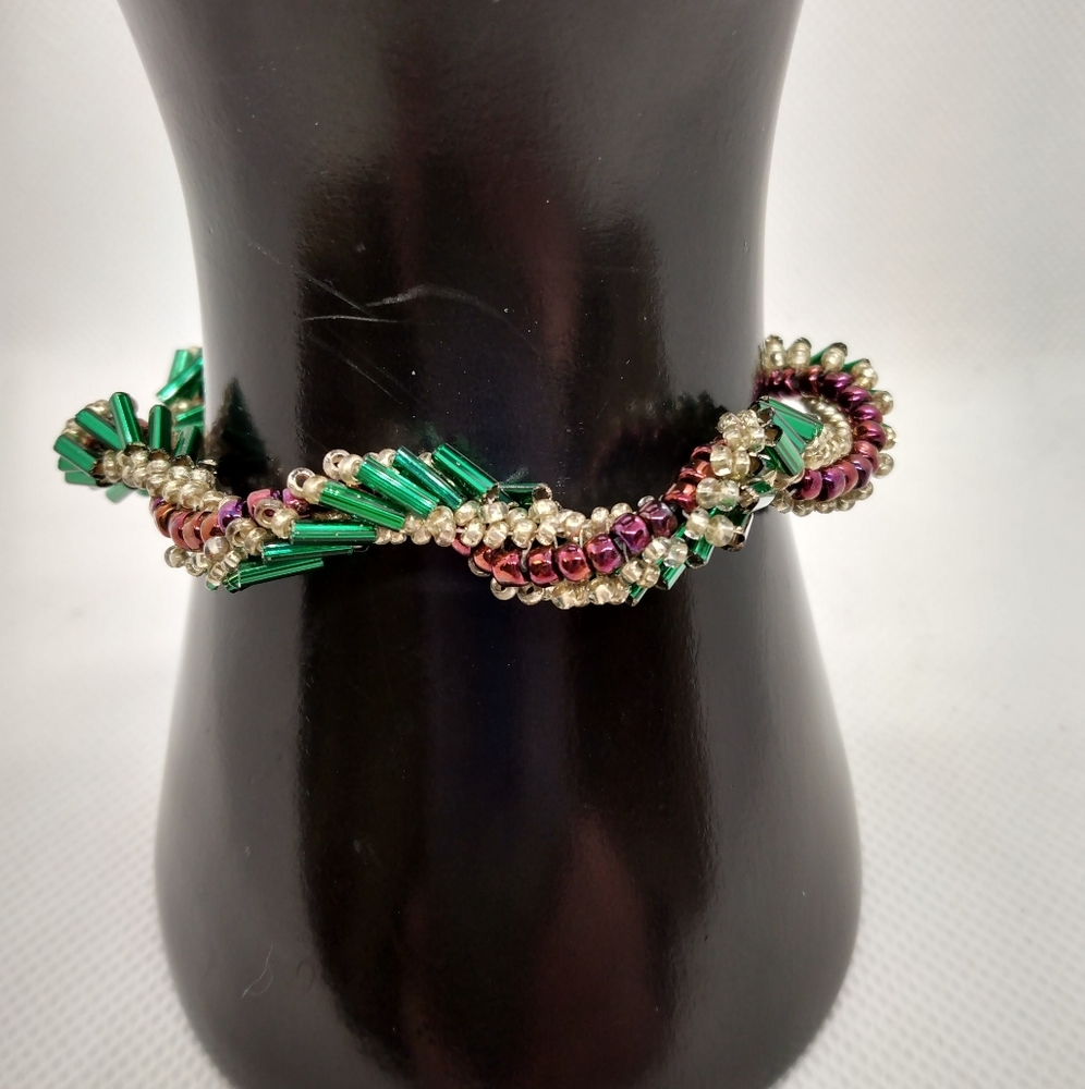 2 for $10 Twisted bead bracelet. Green, champagne and purple. EUC